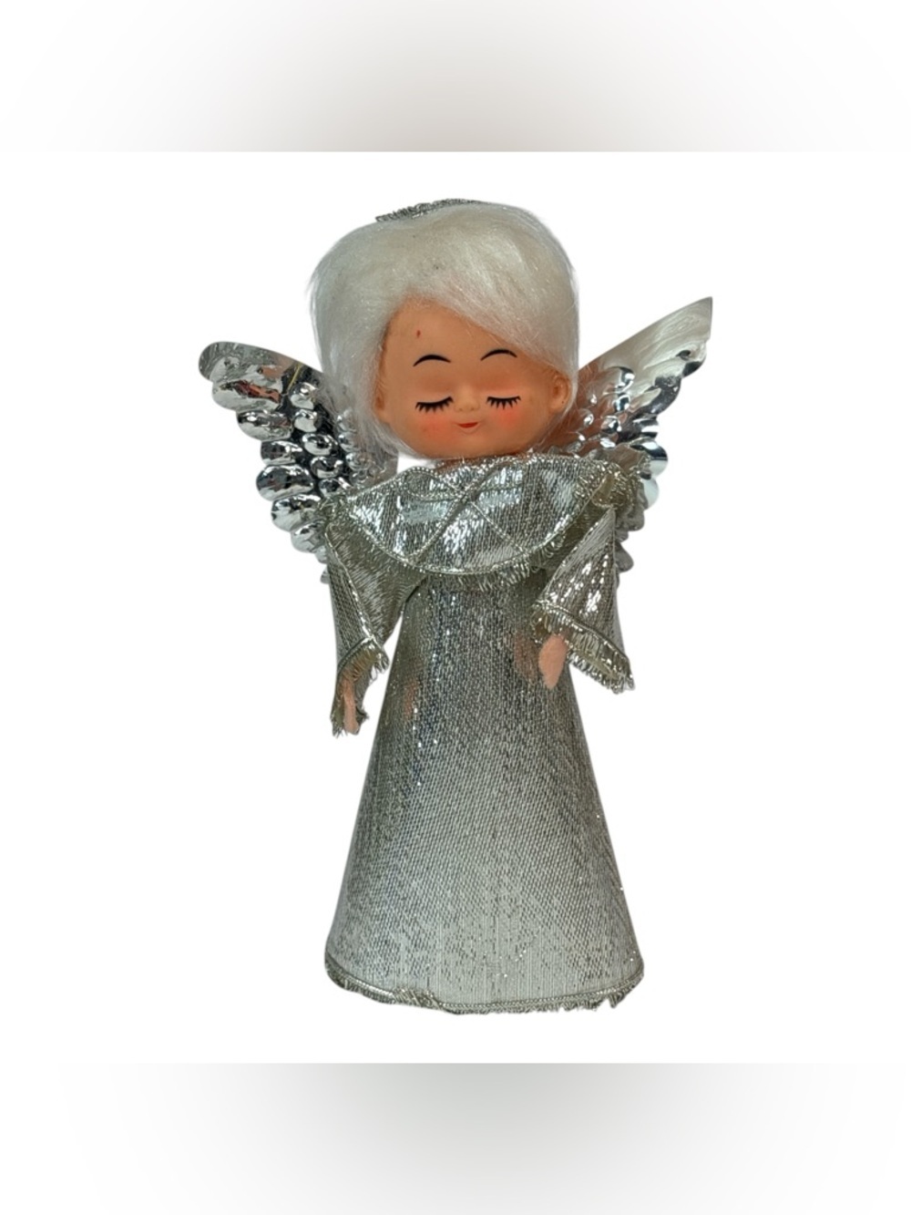 Vintage Rubber Face Silver Paper Cone Angel Christmas Light Cover Tree Topper 8"